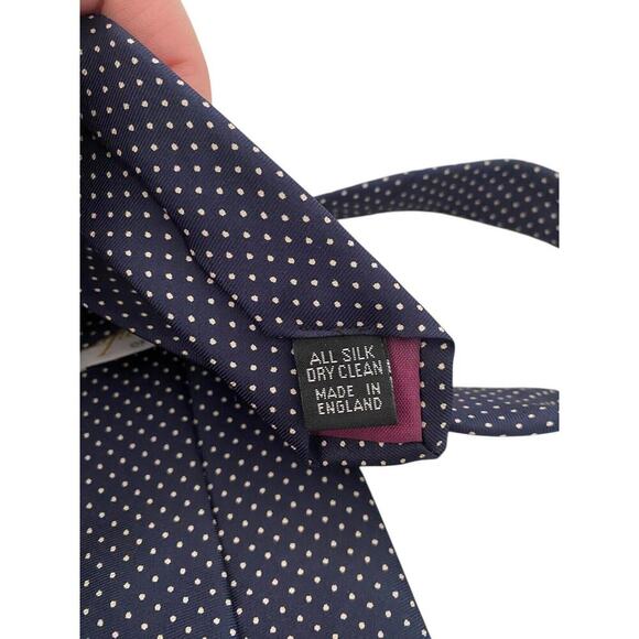 Aquascutum Tie Necktie Vintage Navy Blue Polka Dot Print All Silk England Preppy - Picture 7 of 7